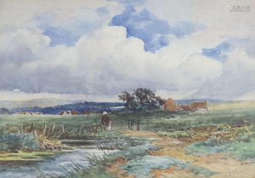 J.B. Noel, watercolour, Landscape with figure and cattle, si...