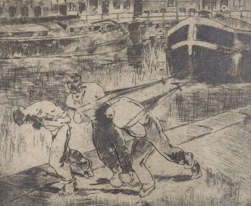 H. Van Peteghem, etching, Bargemen pulling a barge, signed i...