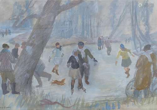 Hubert Arthur Finney (1905-1991), watercolour, Skaters in wi...