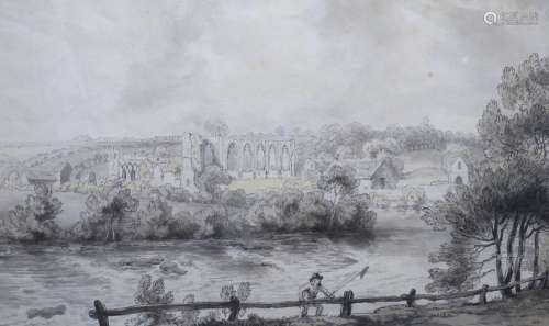 Thomas Rowlandson (1756-1827) An angler by a river, abbey ru...