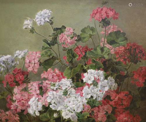 H. Wallace, oil on canvas, Still life of Geraniums, signed, ...