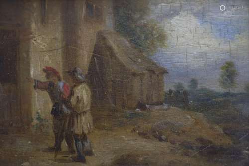 After Van Ostade, oil on wooden panel, Peasants beside a cot...