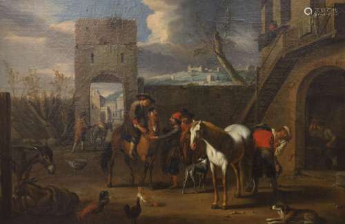 Circle of Jacob de Heusch (1657-1701) Dutch. Travellers at a...