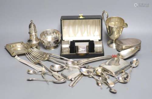 Sundry silver and plated items including flatware, sugar nip...