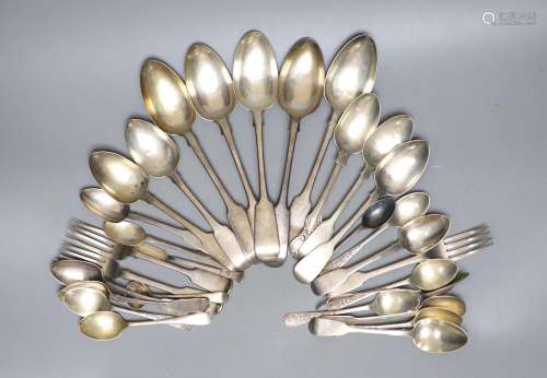 Five Victorian Scottish silver fiddle pattern table forks an...
