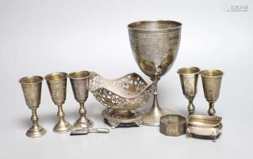 Five George V silver kiddush cups, a late Victorian silver g...