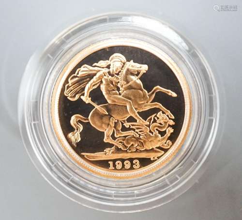 A modern 1993 gold proof sovereign, with box and certificate...