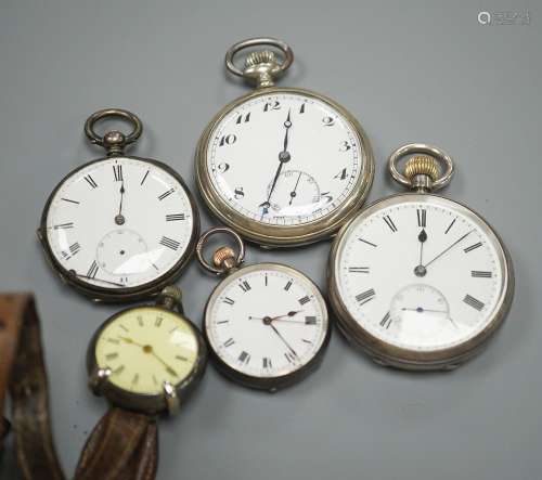 An early 20th century silver open face pocket watch, two whi...