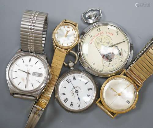 A chrome cased Guinness Time pocket watch, two wrist watches...