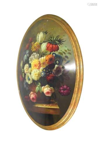 Oval convex picture of a still life of flowers