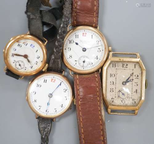 Four assorted early 20th century 9ct gold manual wind wrist ...