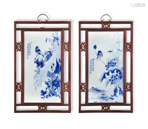 A MIRROR PAIR OF ‘SPARROW AND LOTUS’ BLUE AND WHITE PORCELAI...