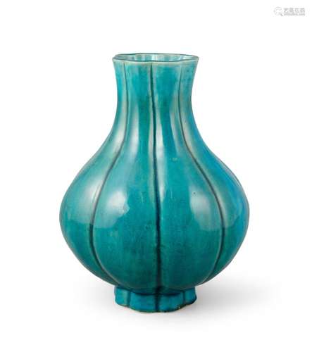 A PEACOCK BLUE WATER MELON SHAPED RIBBED BALUSTER VASE China...