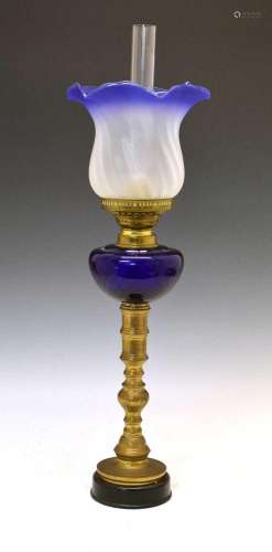 Brass and blue glass oil lamp or paraffin lamp