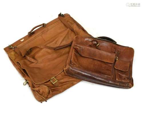 Brown leather suit bag and satchel