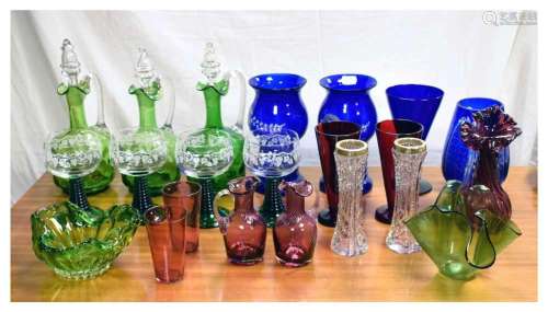 Quantity coloured glass decanters