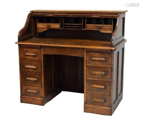 Oak tambour-front desk and chair