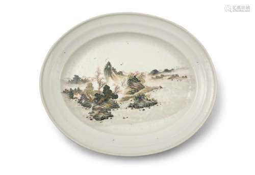 A GRISAILLE DECORATED 'LANDSCAPE' SHALLOW FISH Chi...