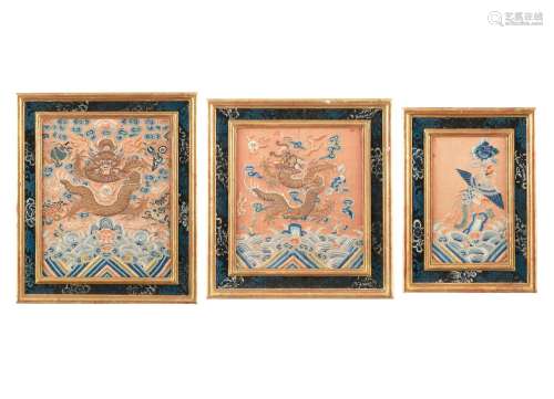 A SUITE OF (3) EMBROIDERED SILK FRAGMENTS OF A CEREMONIAL RO...