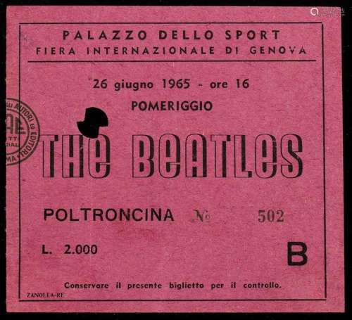 The Beatles: Genoa concert ticket, June 26, 1965
