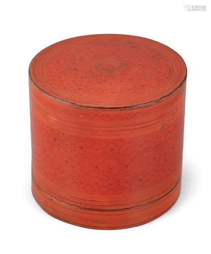 A BURMESE RED LACQUER CYLINDRICAL FOOD BOX Burma / Myanmar A...