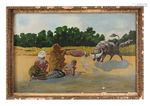 LEICHNER (Active first half of 20th century) Buffalo hunting...