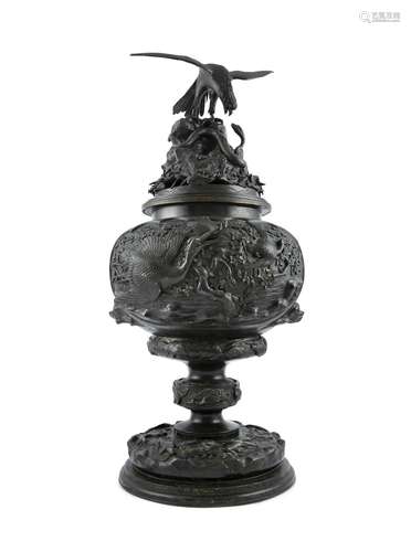 A LARGE JAPANESE BRONZE KORO AND COVER ON STAND, 19th centur...