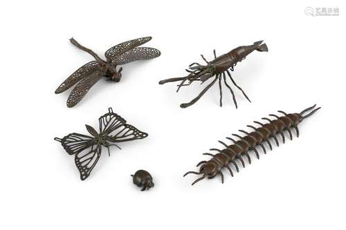 A COLLECTION OF FIVE (5) COPPER INSECTS OKIMONO Japan, Taish...