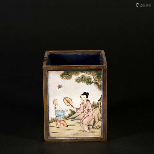 Bronze Enamel Color Painting Brush Pot, China