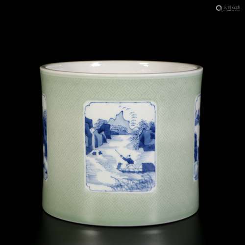 Green Glaze Porcelain Blue And White Porcelain Brush Pot, Ch...