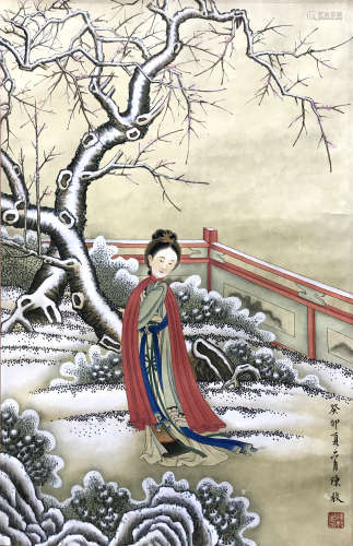 陈枚 雪景侍女 纸夲 立軸