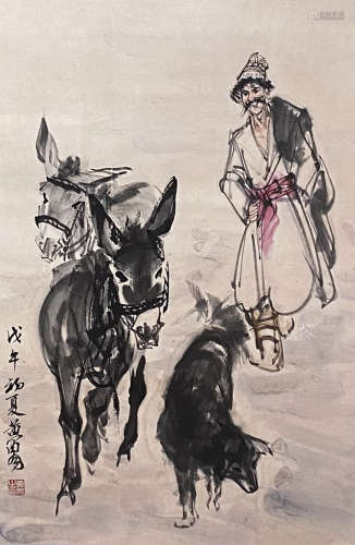 Chinese Donkey Painting Paper Scroll, Huang Zhou Mark