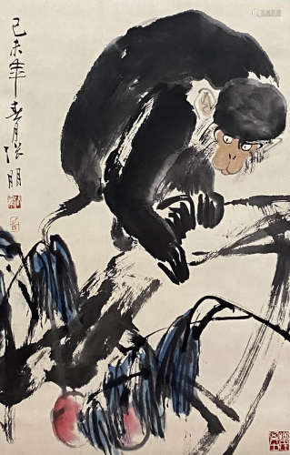 Chinese Donkey Painting Paper Scroll, Zhang Peng Mark