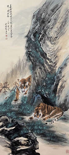 Chinese Tiger Painting Paper Scroll, Zhang Shanzi Mark