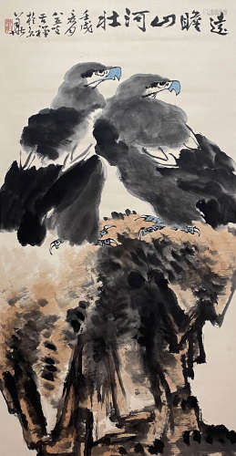 Chinese Eagle Painting Paper Scroll, Li Kuchan Mark