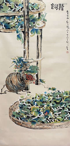 Chinese Silkworm Painting Paper Scroll