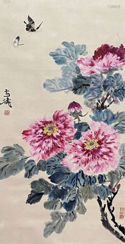 Chinese Peony Painting Paper Scroll