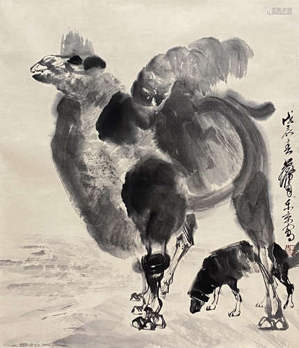 Chinese Camel Painting Paper Scroll, Huang Zhou Mark