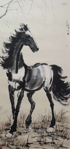 Chinese Horse Painting Paper Scroll, Xu Beihong Mark