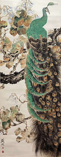 Chinese Peacock Painting Paper Scroll, Gao Jianfu Mark