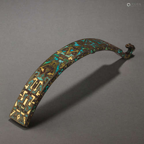 CHINESE BRONZE BELT HOOK INLAID GOLD, SILVER AND TURQUOISES,...