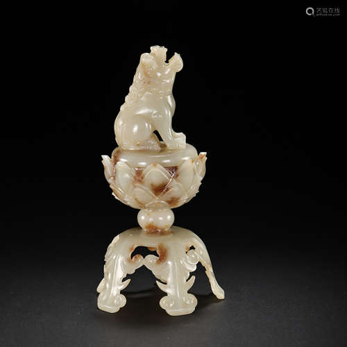 CHINESE QING DYNASTY HETIAN JADE LION LOTUS AROMATHERAPY