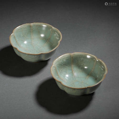 A PAIR OF LONGQUAN IMPERIAL WARE GREEN GLAZE FLOWERED CUPS, ...
