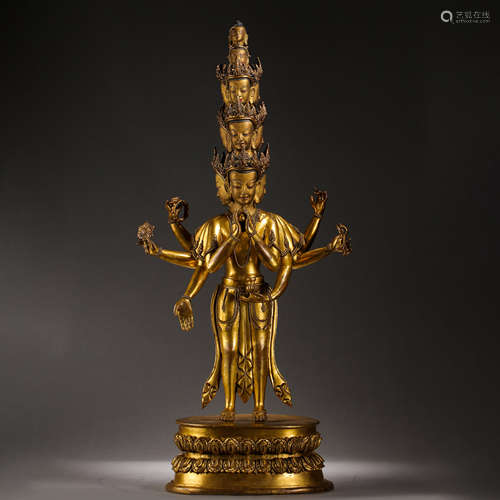 CHINESE QING DYNASTY BRONZE GILT BUDDHA STATION STATUE