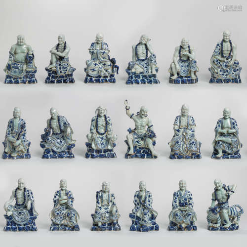 A GROUP OF BLUE AND WHITE ARHATS, QING DYNASTY