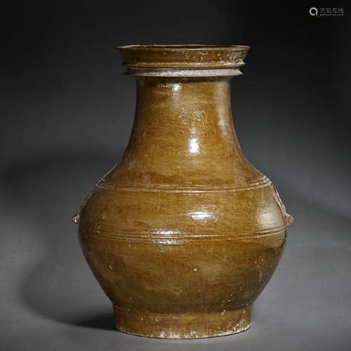 CHINESE HAN DYNASTY YELLOW GLAZE PLATE MOUTH BOTTLE