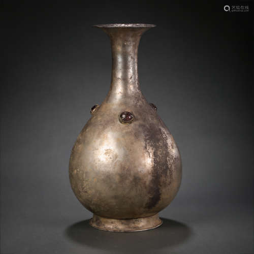 CHINESE MING DYNASTY SILVER SPRING VASE INLAID WITH GEMSTONE...