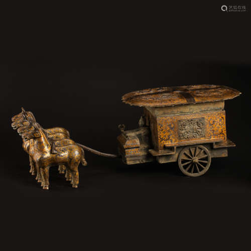 CHINESE HAN DYNASTY BRONZE HORSES AND CART INALID WITH GOLD ...