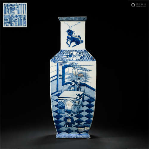 CHINESE QING DYNASTY QIANLONG PERIOD BLUE AND WHITE SQUARE V...