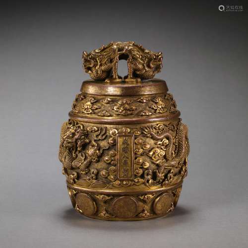 CHINESE QING DYNASTY QIANLONG IMPERIAL GILT COPPER DRAGON PA...